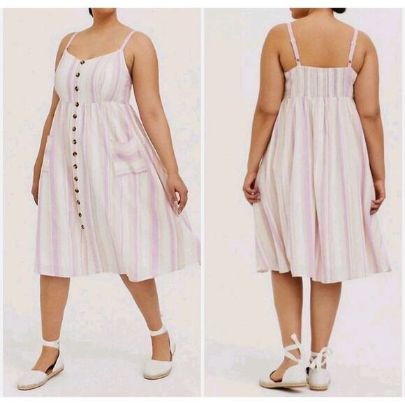 Torrid Plus Sz 2X Linen Fit Flare Button Midi Dress Striped Pockets Smocked Back - Picture 1 of 13